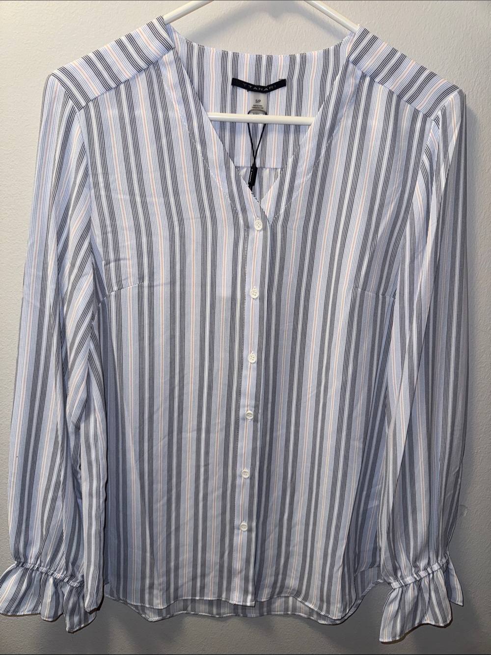 Tahari Blue and White Vertical Stripe Button-Down Shirt - Size S